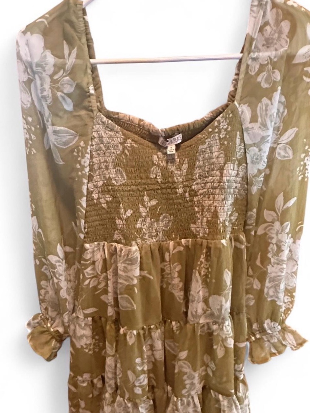 Patrons of Peace Green Floral Tiered Smocked Mini Dress Babydoll Small - Picture 5 of 9
